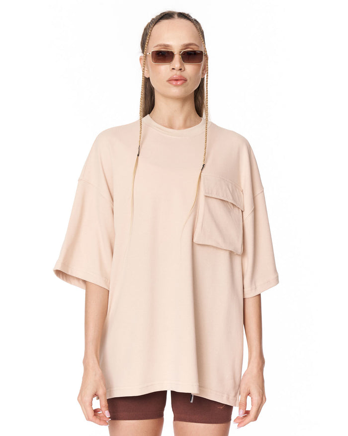 Utility Pocket Beige Oversized T-Shirt with front pocket detail