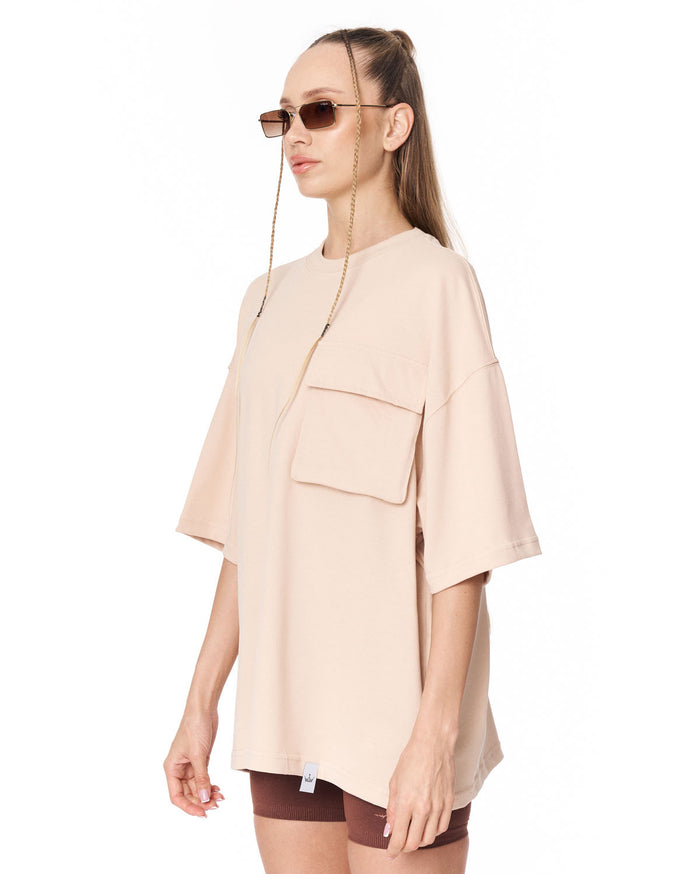 Utility Pocket Beige Oversized T-Shirt in relaxed oversized fit