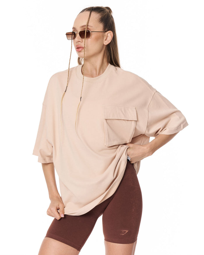 Utility Pocket Beige Oversized T-Shirt with wide short sleeves