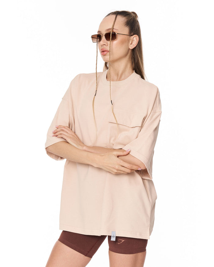 Utility Pocket Beige Oversized T-Shirt for streetwear outfits