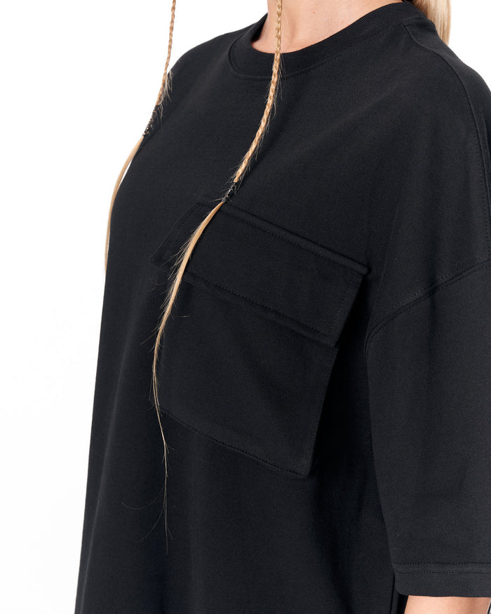 Utility Pocket Black Oversized T-Shirt with drop shoulder design