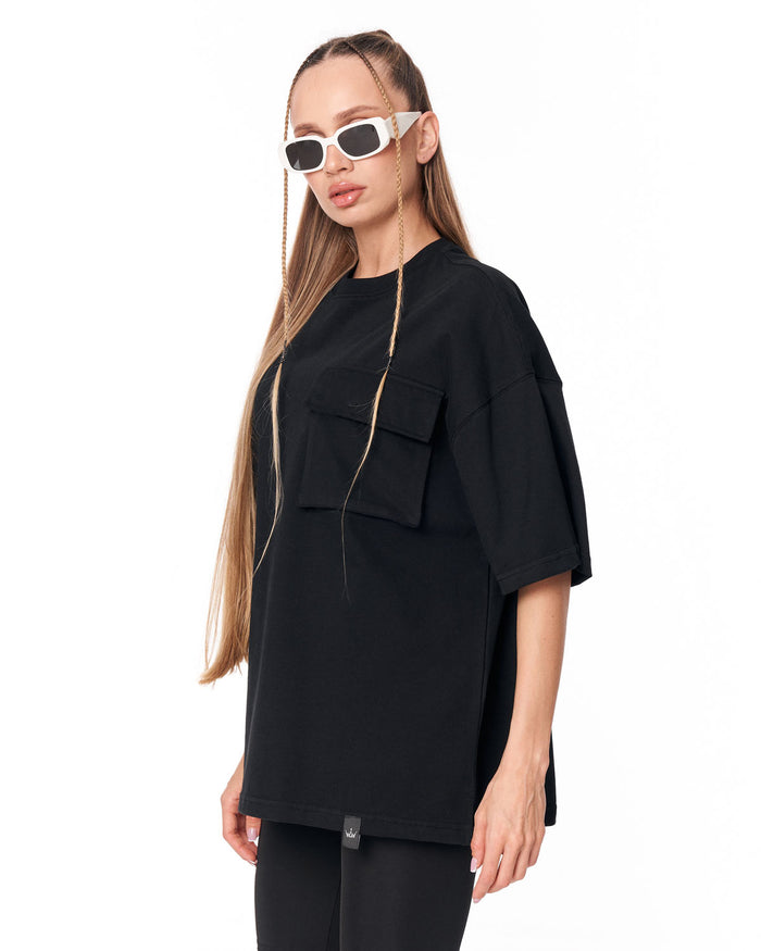 Utility Pocket Black Oversized T-Shirt with flap pocket detail