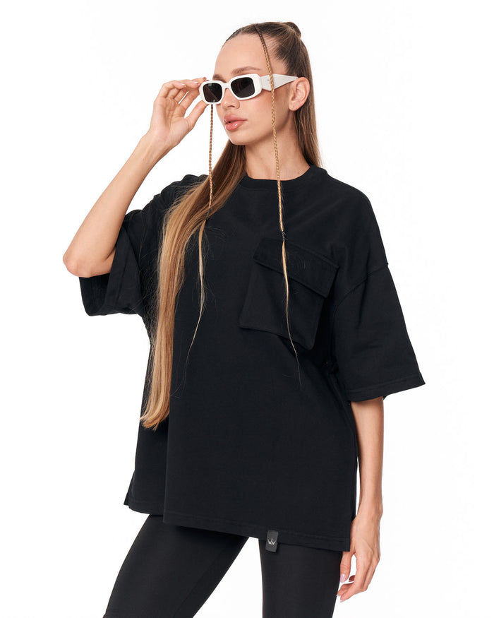 Utility Pocket Black Oversized T-Shirt with wide short sleeves