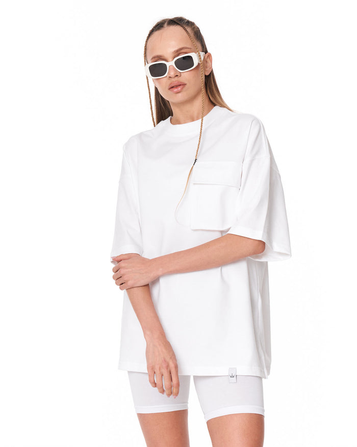 Utility Pocket White Oversized T-Shirt with flap pocket detail