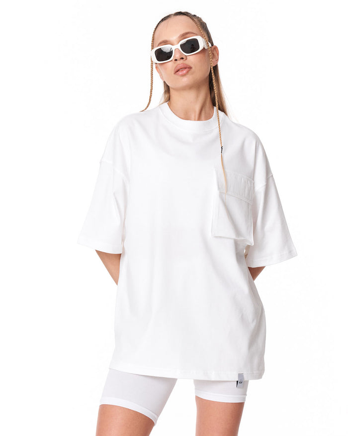 Utility Pocket White Oversized T-Shirt with wide short sleeves