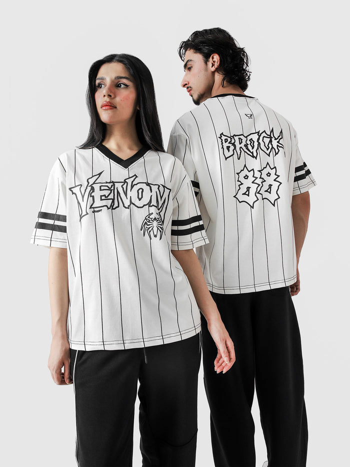 VENOM jersey white male model side angle oversized v-neck Pakistan – GROOVY