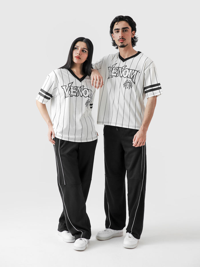VENOM jersey white male model back view bold venom graphic pinstripe Pakistan – GROOVY