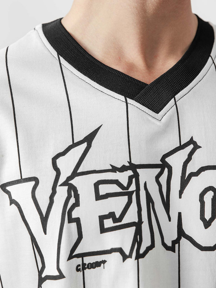 VENOM jersey white male model full body front view pinstripe graphic Pakistan – GROOVY