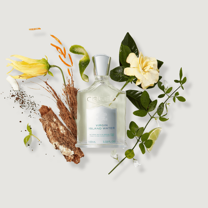 Virgin Island Water 100ml with Citrus, Coconut and Floral Ingredients - Flat Lay | Creed Fragrances