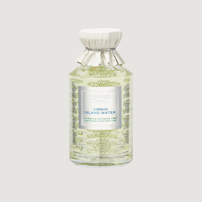 Virgin Island Water 240ml Flacon - Engraved Glass with Leather Cap, Front View | Creed Fragrances