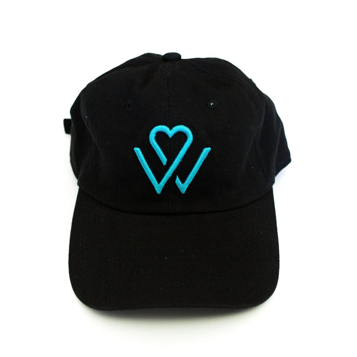 Black dad hat featuring a blue embroidered heart and W logo on the front, representing the Wellness Month Logo Dad Hat - Black w/Blue Logo | Wellness Month.