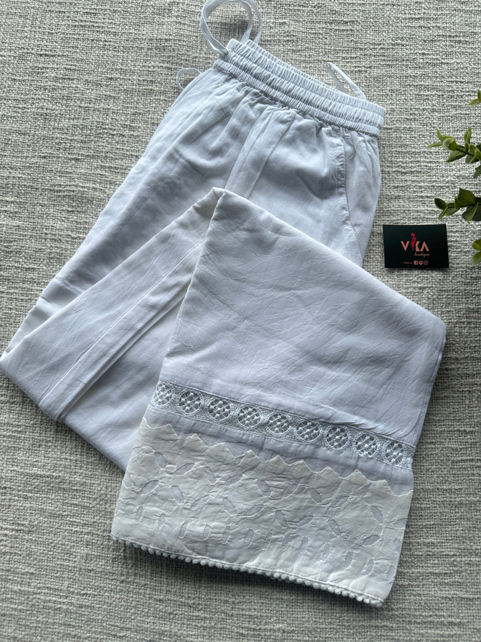 White applique work straight fit cotton pant