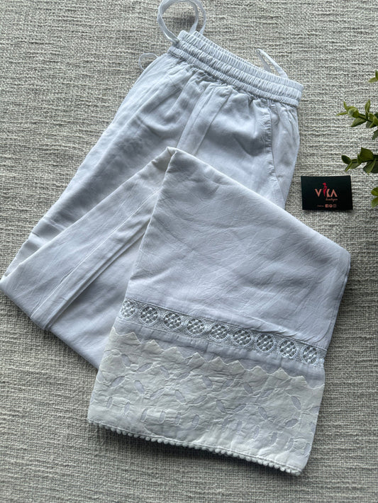 White applique work straight fit cotton pant