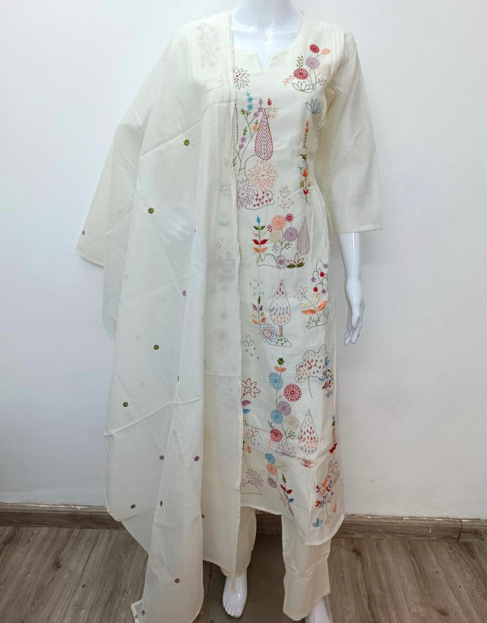 White emb mul cotton Ready suit set