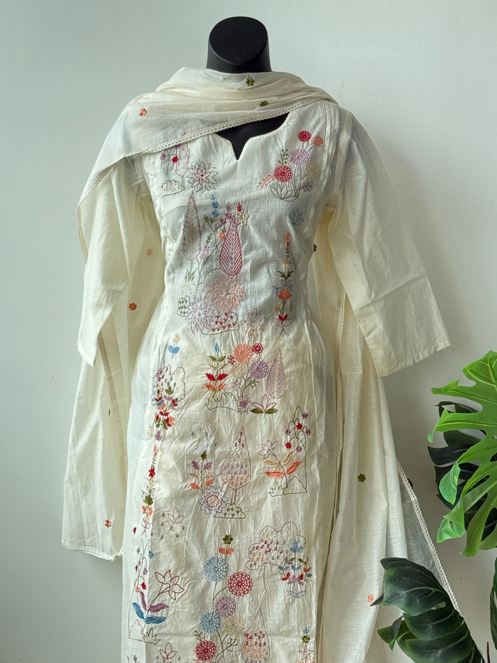 White emb mul cotton Ready suit set