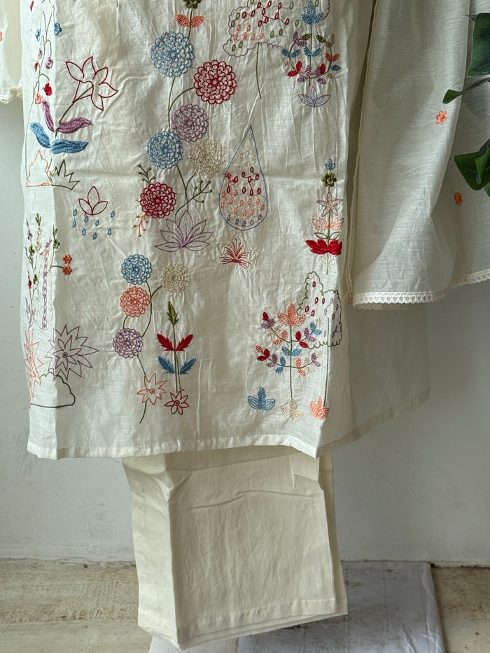 White emb mul cotton Ready suit set
