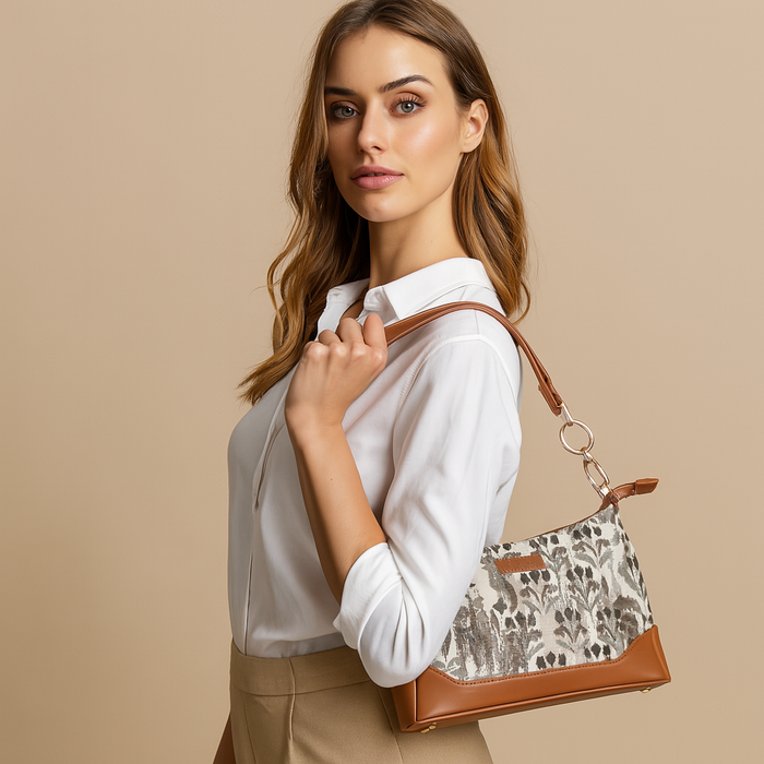 Women’s abstract tapestry vegan‑leather chain shoulder bag for travel, office, work, and daily use — Canada & USA-model image