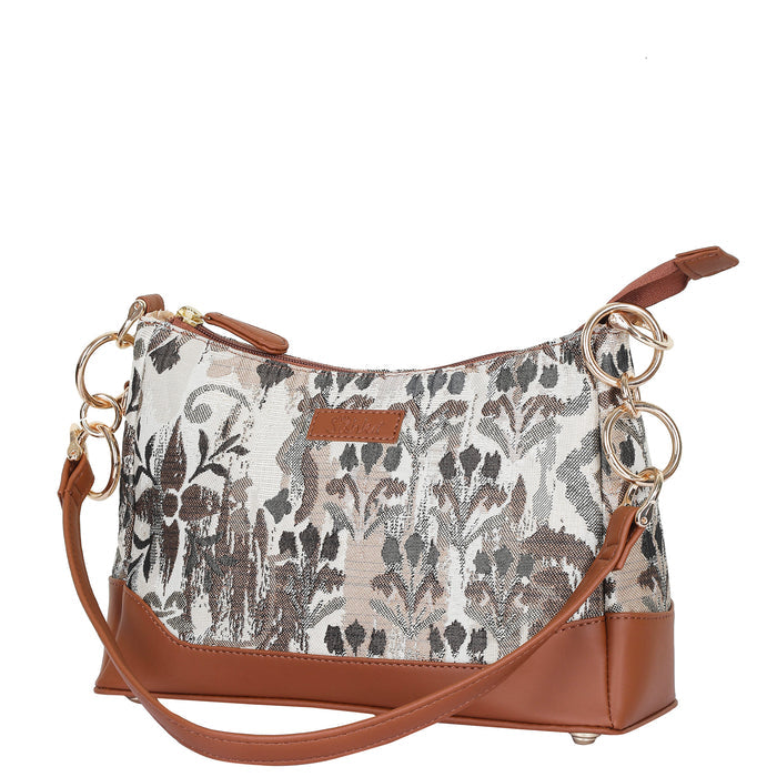 Women’s abstract tapestry vegan‑leather chain shoulder bag for travel, office, work, and daily use — Canada & USA-half side view