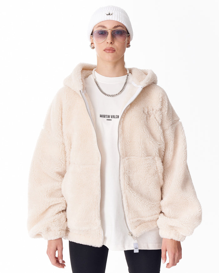 Women's Beige Plush Zipper Hoodie With Embroidery Print