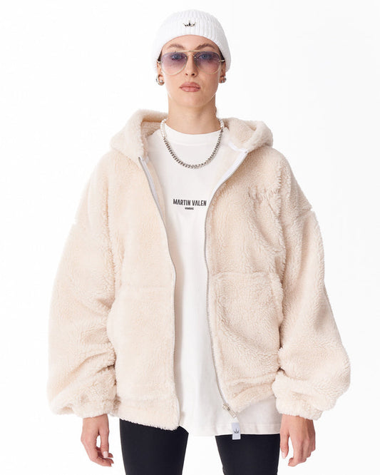 Women's Beige Plush Zipper Hoodie With Embroidery Print