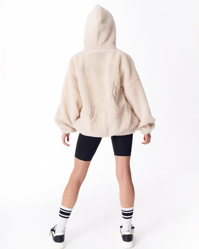 Women's Beige Plush Zipper Hoodie With Embroidery Print (2)