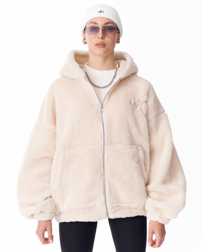 Women's Beige Plush Zipper Hoodie With Embroidery Print (3)