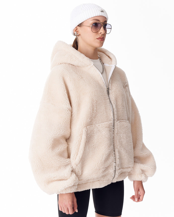 Women's Beige Plush Zipper Hoodie With Embroidery Print (4)