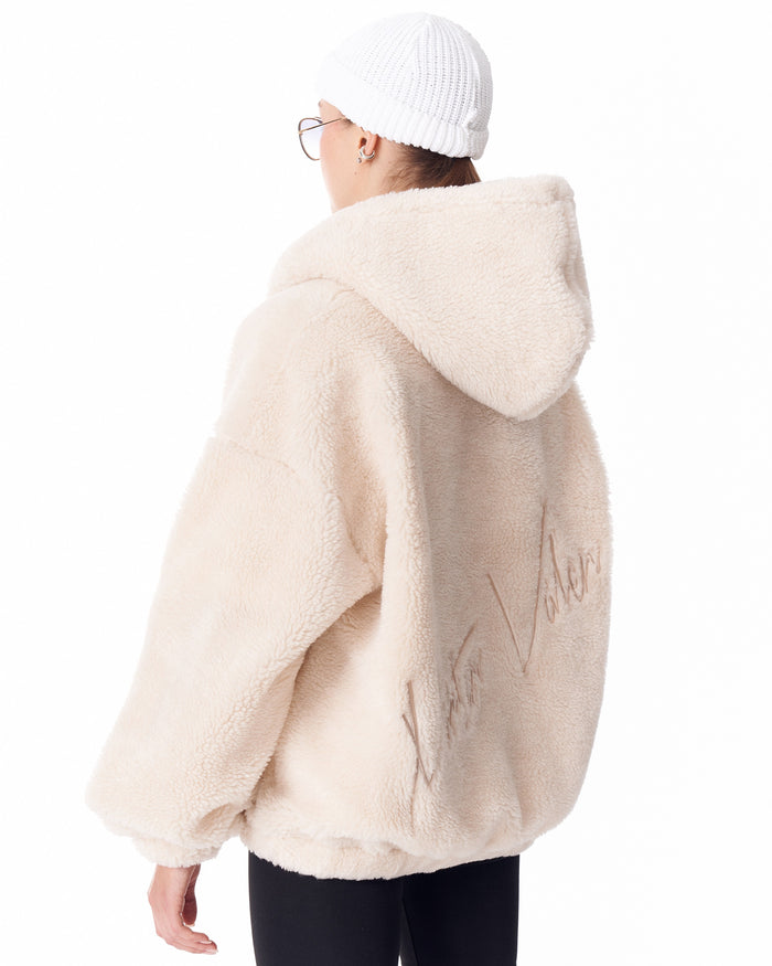 Women's Beige Plush Zipper Hoodie With Embroidery Print (5)