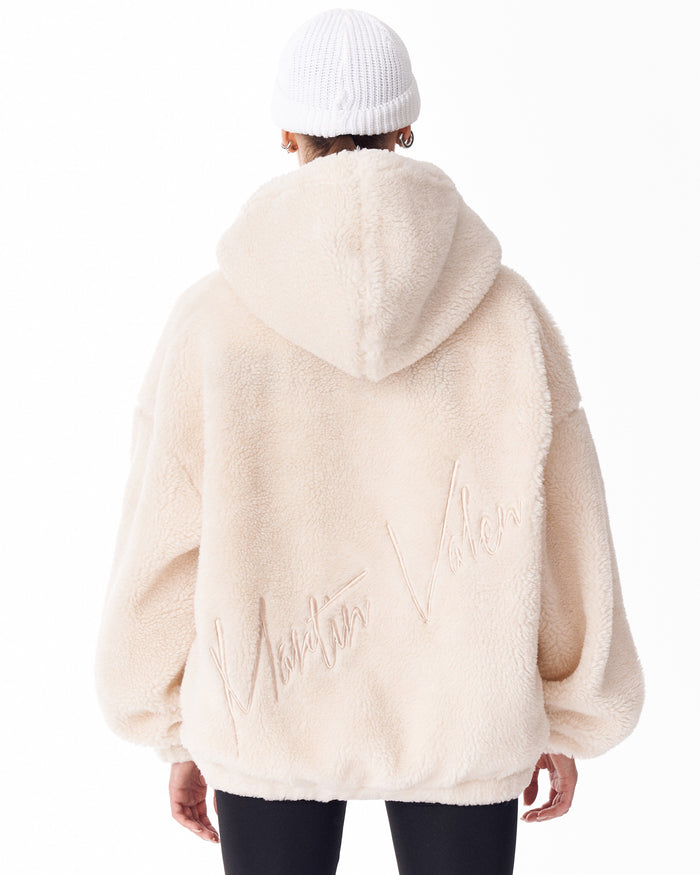 Women's Beige Plush Zipper Hoodie With Embroidery Print (7)