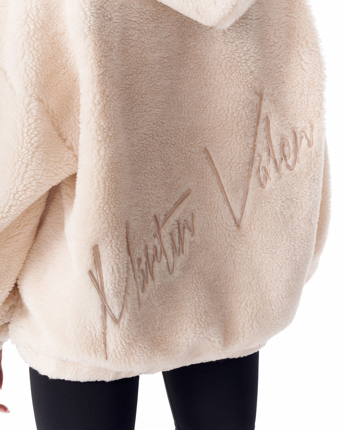 Women's Beige Plush Zipper Hoodie With Embroidery Print (8)