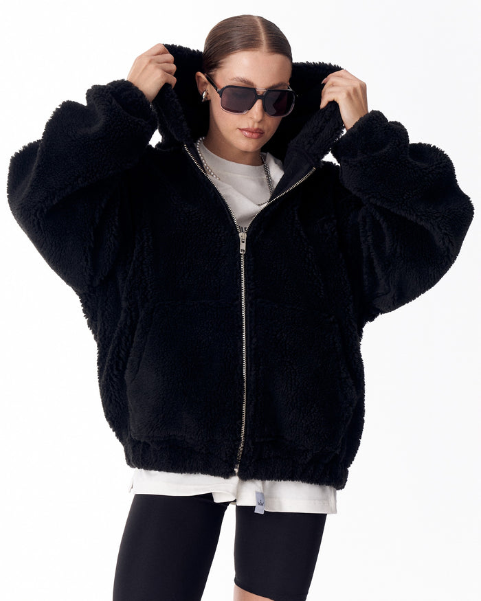 Women's Black Plush Zipper Hoodie With Embroidery Print