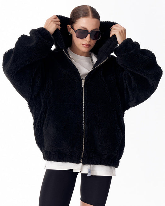 Women's Black Plush Zipper Hoodie With Embroidery Print