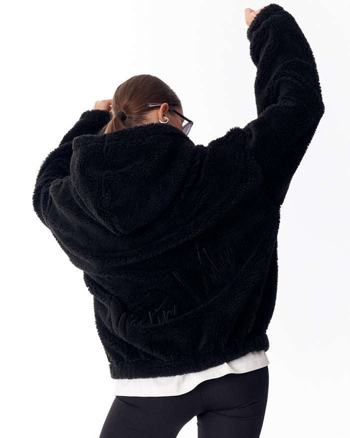 Women's Black Plush Zipper Hoodie With Embroidery Print (2)