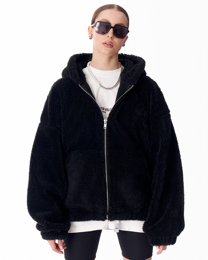 Women's Black Plush Zipper Hoodie With Embroidery Print (3)