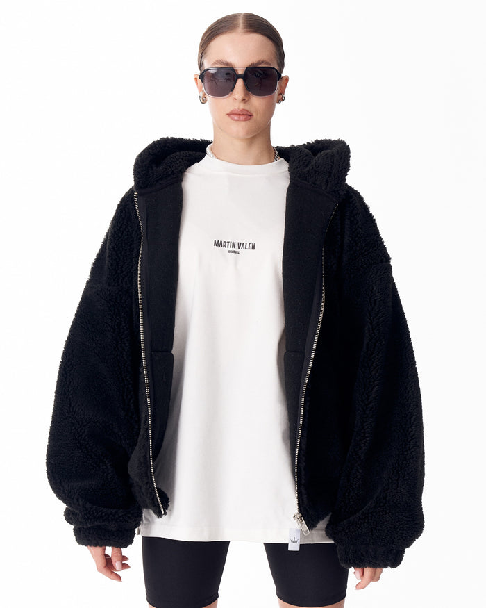 Women's Black Plush Zipper Hoodie With Embroidery Print (4)