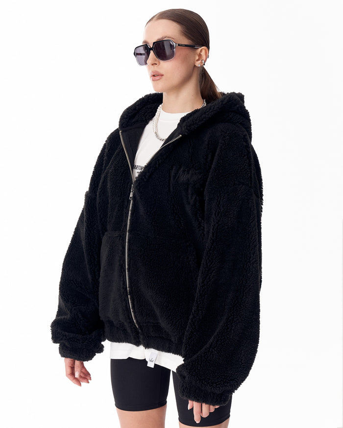 Women's Black Plush Zipper Hoodie With Embroidery Print (5)