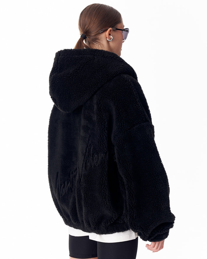 Women's Black Plush Zipper Hoodie With Embroidery Print (6)