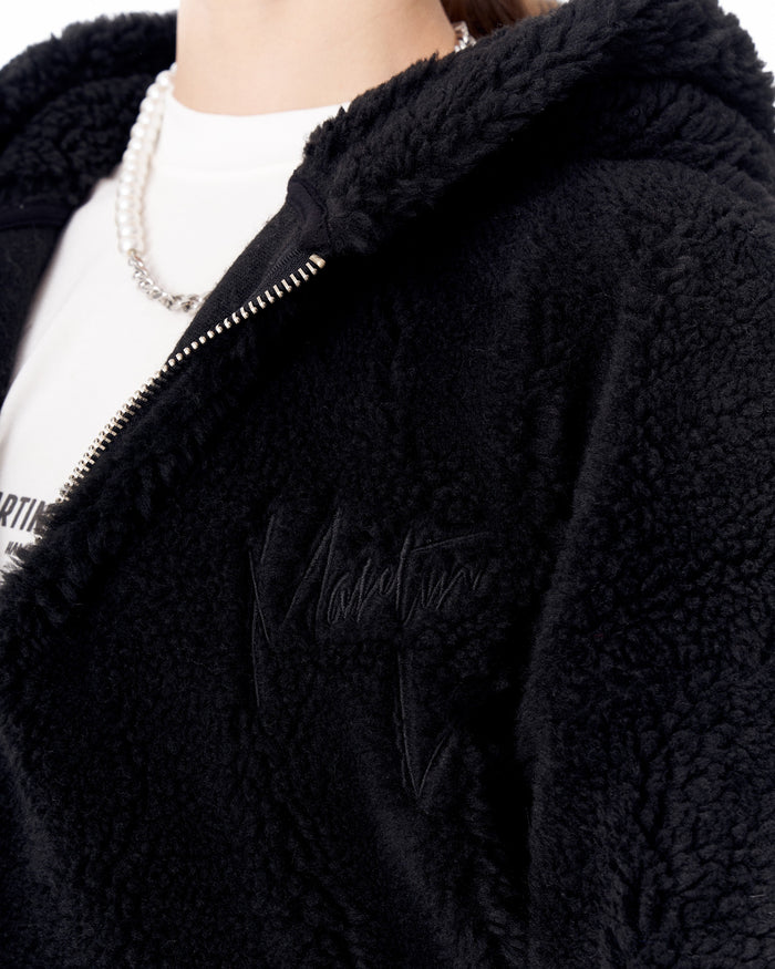 Women's Black Plush Zipper Hoodie With Embroidery Print (7)