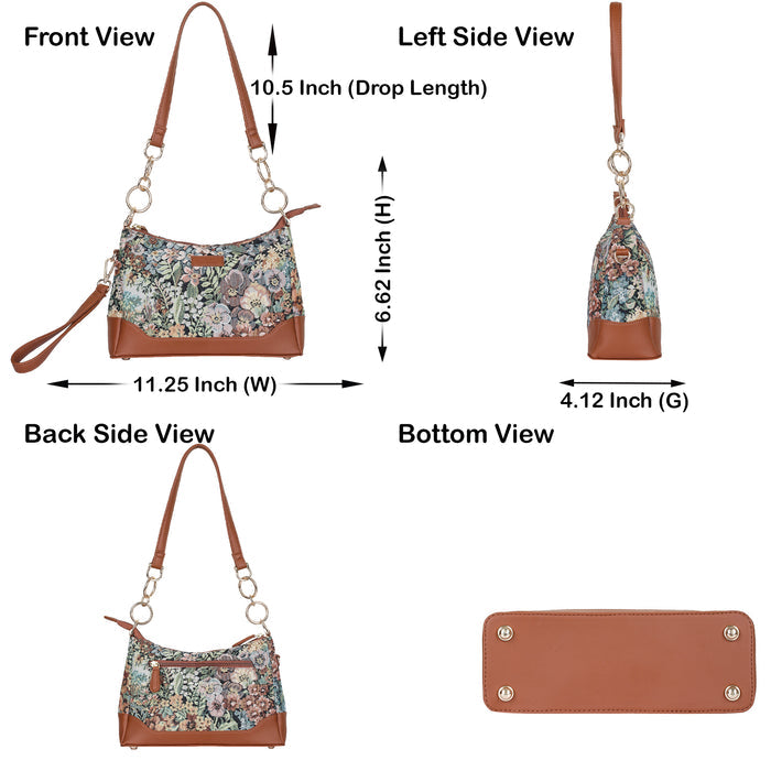 Women’s botanical tapestry vegan‑leather chain shoulder bag for travel, office, work, and everyday use — Canada & USA-infographic image