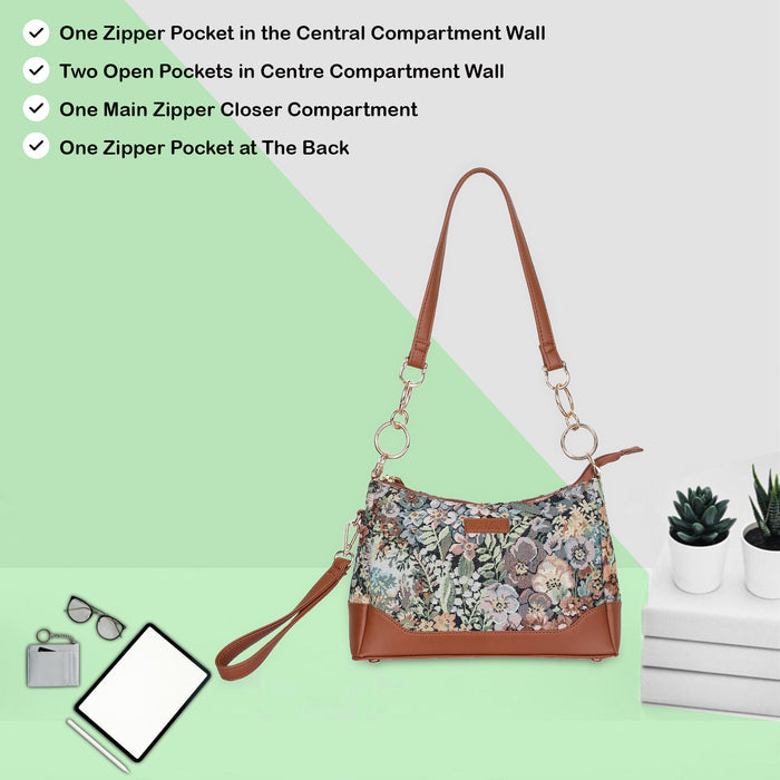 Women’s botanical tapestry vegan‑leather chain shoulder bag for travel, office, work, and everyday use — Canada & USA-feature view