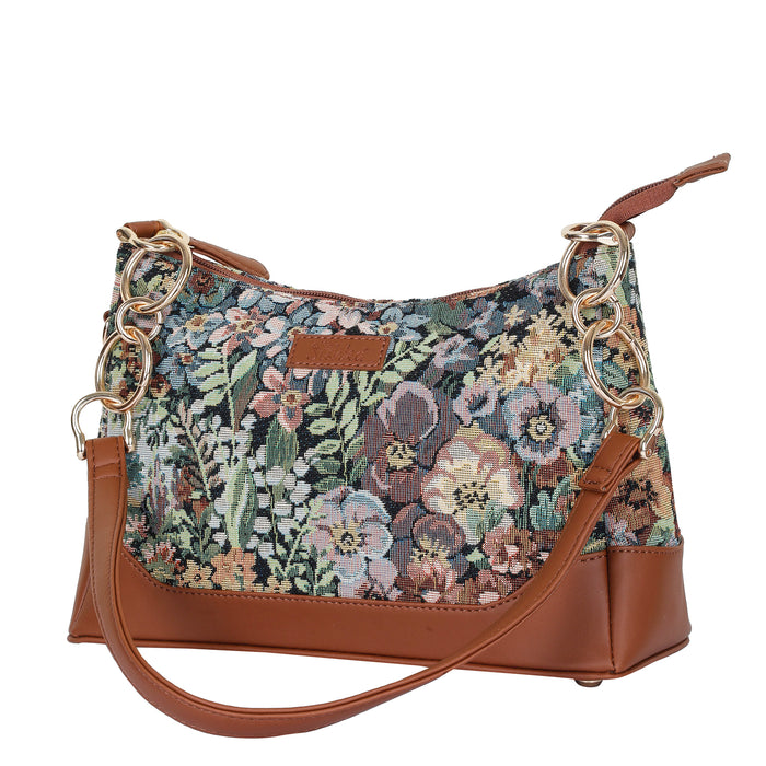 Women’s botanical tapestry vegan‑leather chain shoulder bag for travel, office, work, and everyday use — Canada & USA-half side view