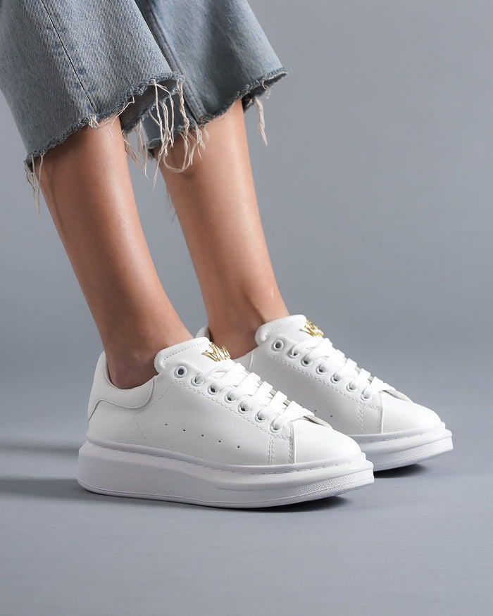 Women’s Chunky Sneakers with Gold Crown in Full White (5)