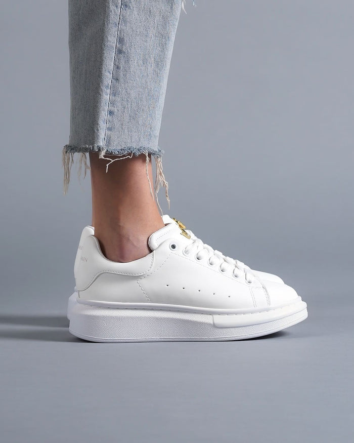 Women’s Chunky Sneakers with Gold Crown in Full White (6)