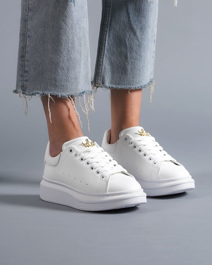 Women’s Chunky Sneakers with Gold Crown in Full White (7)