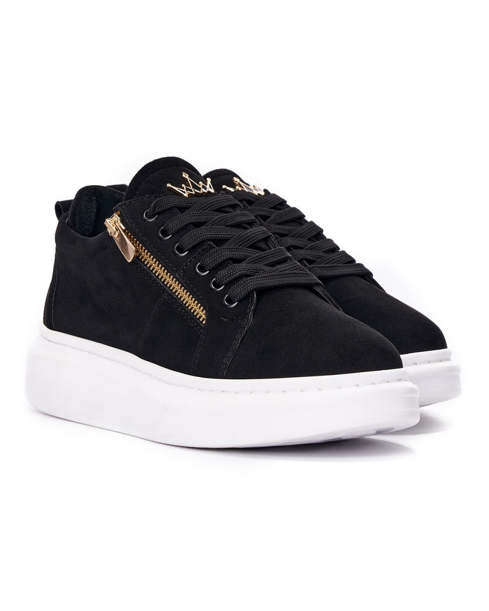 Women's Chunky Suede Sneakers with Gold Zipper in Black (2)