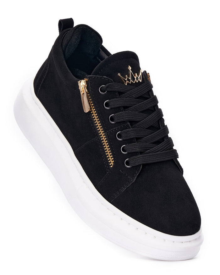 Women's Chunky Suede Sneakers with Gold Zipper in Black (4)