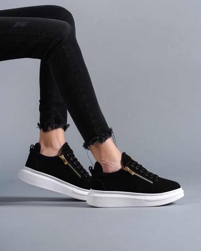 Women's Chunky Suede Sneakers with Gold Zipper in Black (5)