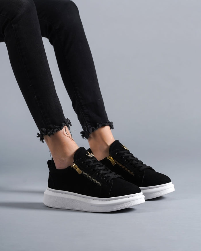 Women's Chunky Suede Sneakers with Gold Zipper in Black (6)