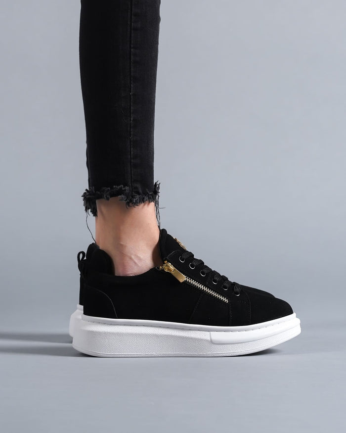 Women's Chunky Suede Sneakers with Gold Zipper in Black (7)