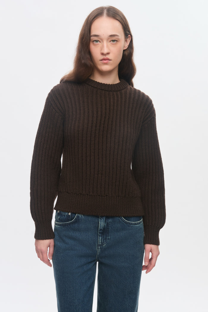 Women's Chunky Wool Crewneck Sweater in Coffee Bean